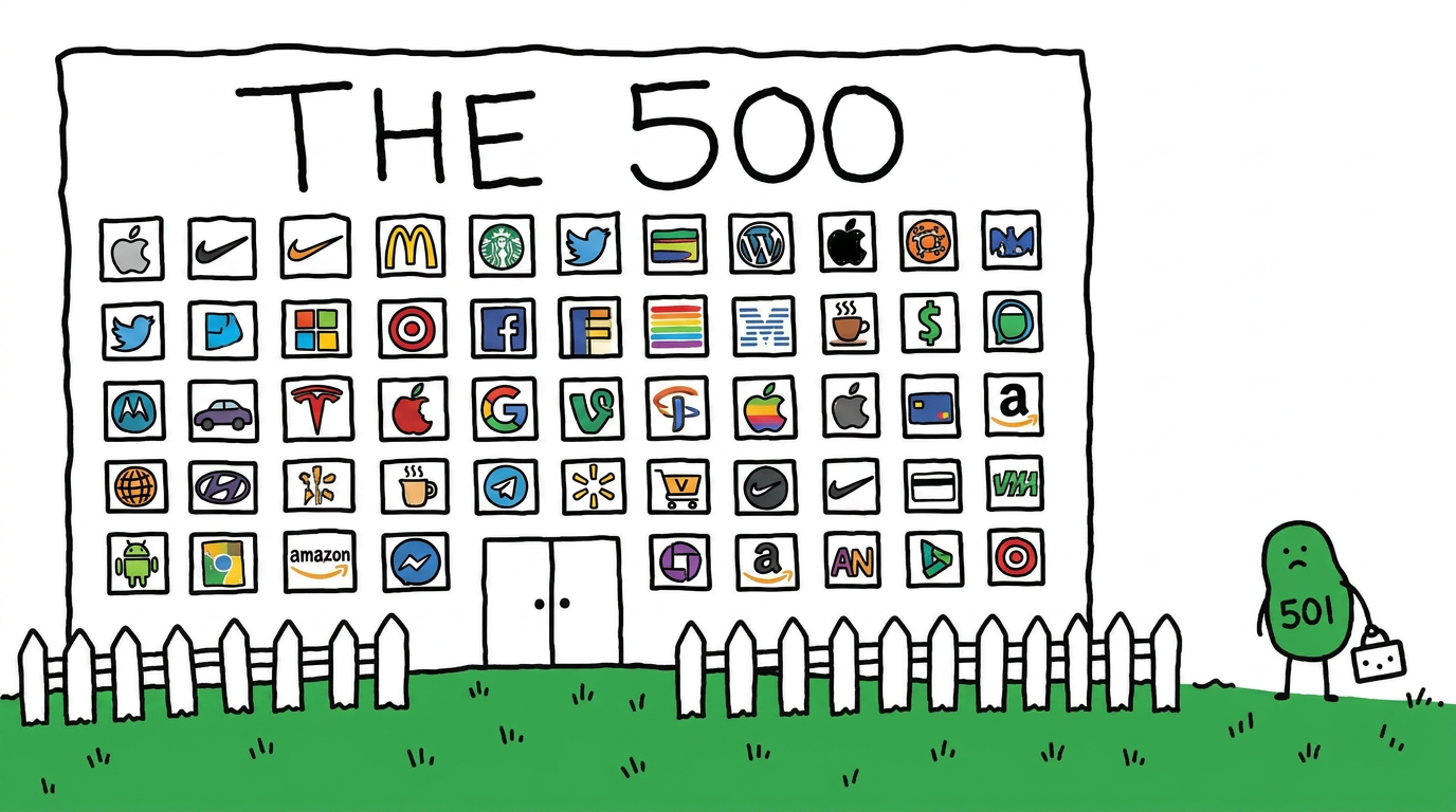 Hand-drawn building labelled THE 500 full of company logos, with the 501 character outside the fence